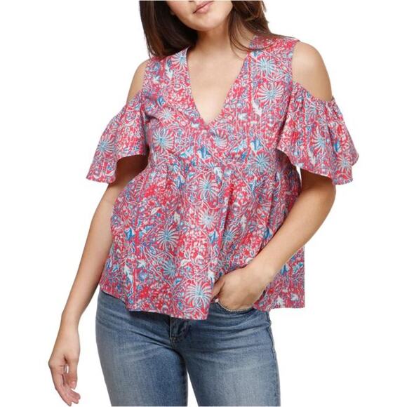 Lucky Brand Top Floral Metallic V-Neck Surplice Cold Shoulder Blouse‎ Women's S - Picture 1 of 10